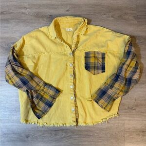 POL Oversized Patchwork Distressed Yellow Plaid Sleeve Jacket Small Boho